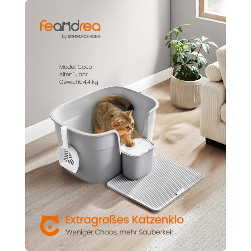 Kattebakke med høje kanter Feandrea, ekstra stor, med grusmåtte, opbevaringsboks og skovl, duegrå