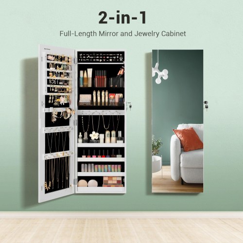 Smykkeskab med spejl væg-/dørmonteret, låsbart, hvid