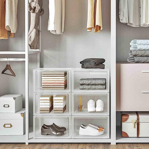 Skobokse med låge 6 stk. stablebare, transparent, 36 × 28 × 22 cm