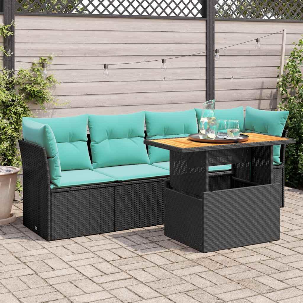 Havesofasæt i polyrattan - 5 dele med hynder, sort
