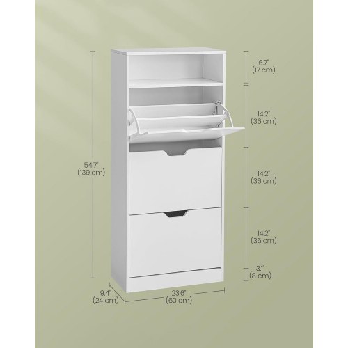 Skoskab med 3 klaplåger – VASAGLE, åben hylde, justerbar skilleplade, 14–18 par, lille entré, 24 × 60 × 139 cm, cloud white