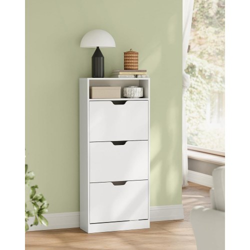 Skoskab med 3 klaplåger – VASAGLE, åben hylde, justerbar skilleplade, 14–18 par, lille entré, 24 × 60 × 139 cm, cloud white