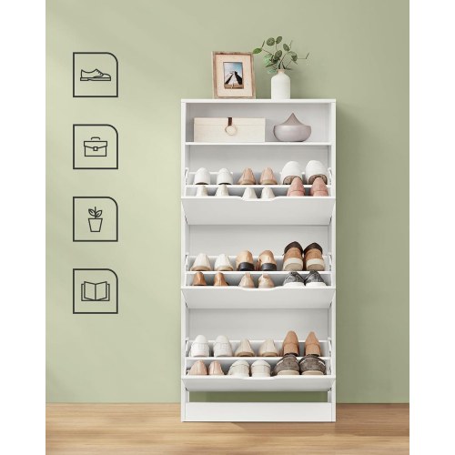 Skoskab med 3 klaplåger – VASAGLE, åben hylde, justerbar skilleplade, 14–18 par, lille entré, 24 × 60 × 139 cm, cloud white