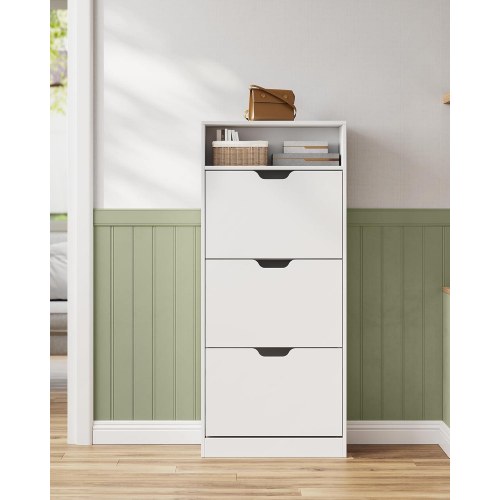 Skoskab med 3 klaplåger – VASAGLE, åben hylde, justerbar skilleplade, 14–18 par, lille entré, 24 × 60 × 139 cm, cloud white