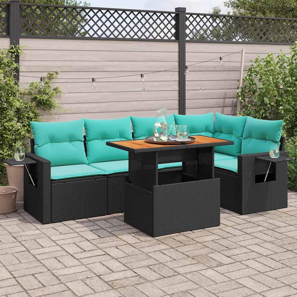 SofasÃ¦t til haven i polyrattan - 6 dele med hynder, sort/blÃ¥