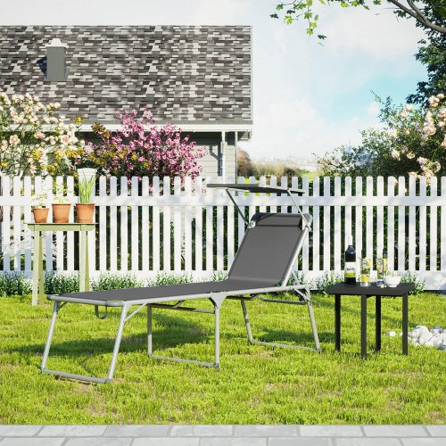 Solseng med solskærm, justerbar ryglæn, foldbar - 65 × 200 × 48 cm, grå
