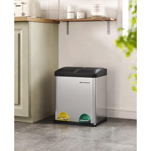 Skraldespand med pedal 30 l – SONGMICS affaldssortering 2 x 15 l, sølv/sort