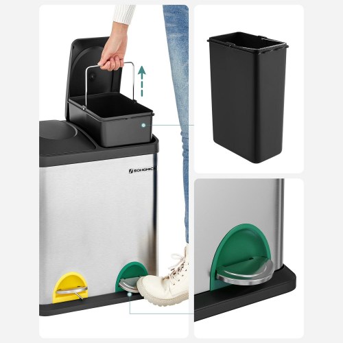 Skraldespand med pedal 30 l – SONGMICS affaldssortering 2 x 15 l, sølv/sort