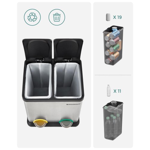 Skraldespand med pedal 30 l – SONGMICS affaldssortering 2 x 15 l, sølv/sort