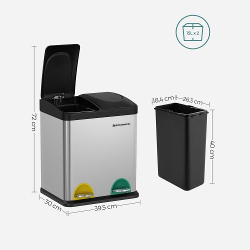 Skraldespand med pedal 30 l – SONGMICS affaldssortering 2 x 15 l, sølv/sort