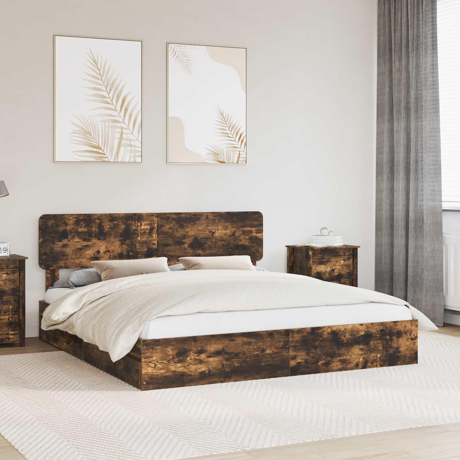 Opbevaringsseng 180 × 200 cm - røget eg, konstrueret træ