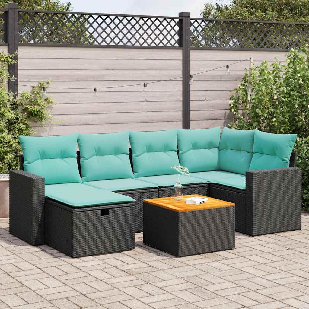 Sofasæt til haven i polyrattan - 7 dele, sort med blå hynder