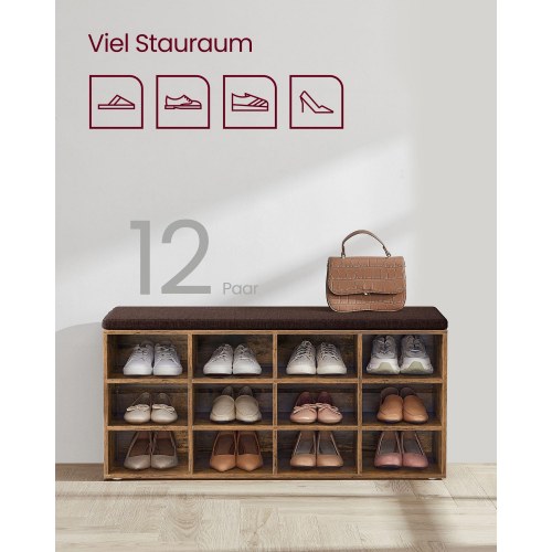Skobænk med opbevaring polstret sæde, 12 rum, justerbare hylder, rustik brun, 30,3 × 104 × 48 cm