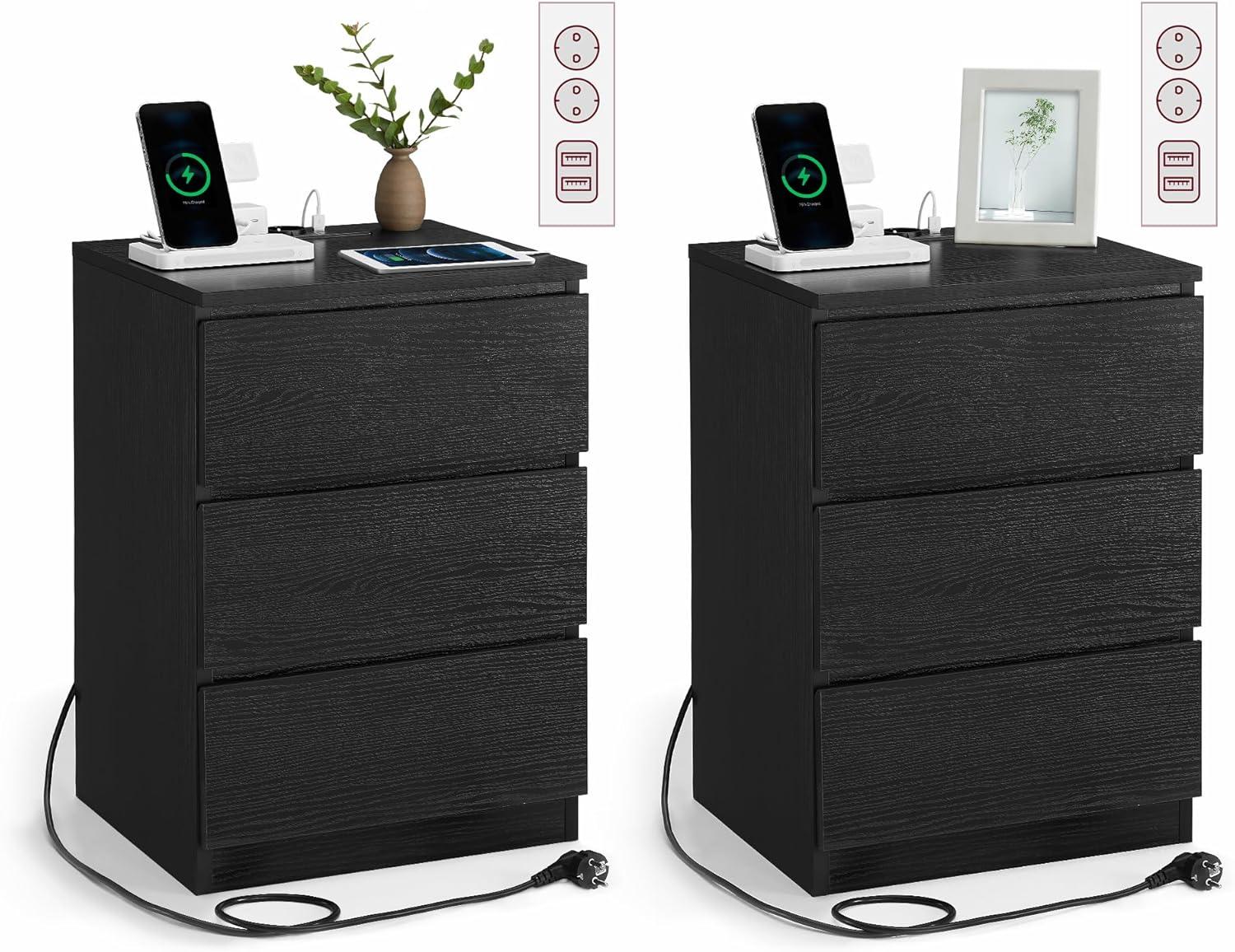 Sengeborde med strøm sæt á 2, 3 skuffer, 2 stikkontakter & 2 USB-porte, ebensort