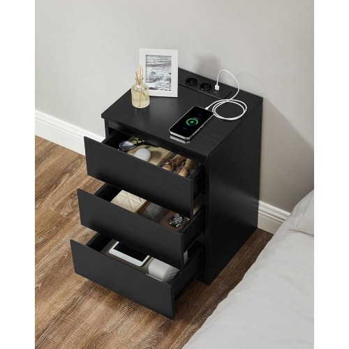 Sengeborde med strøm sæt á 2, 3 skuffer, 2 stikkontakter & 2 USB-porte, ebensort