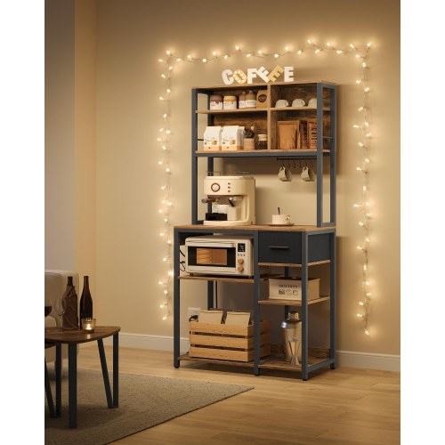 Køkkenreol med stikdåse kaffe bar, justerbare hylder, stofskuffe, 12 kroge, 40 × 80 × 180,4 cm, mikrobølgeovnstativer, rustik brun/sort
