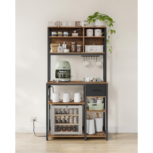 Køkkenreol med stikdåse kaffe bar, justerbare hylder, stofskuffe, 12 kroge, 40 × 80 × 180,4 cm, mikrobølgeovnstativer, rustik brun/sort