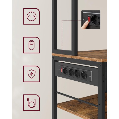 Køkkenreol med stikdåse kaffe bar, justerbare hylder, stofskuffe, 12 kroge, 40 × 80 × 180,4 cm, mikrobølgeovnstativer, rustik brun/sort