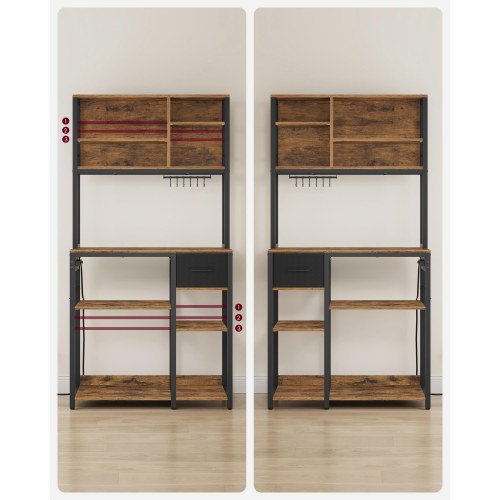 Køkkenreol med stikdåse kaffe bar, justerbare hylder, stofskuffe, 12 kroge, 40 × 80 × 180,4 cm, mikrobølgeovnstativer, rustik brun/sort