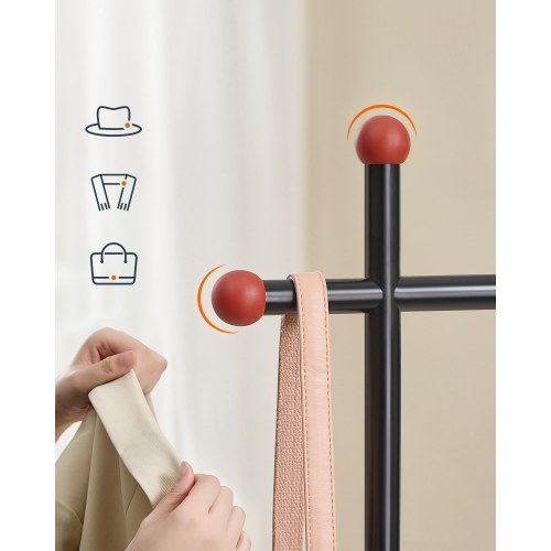 Tøjstativ med hylder HOME, 2 bøjlestænger, 6 opbevaringshylder, kroge, natur valnød/sort