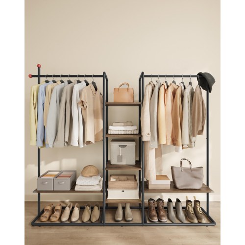 Tøjstativ med hylder HOME, 2 bøjlestænger, 6 opbevaringshylder, kroge, natur valnød/sort