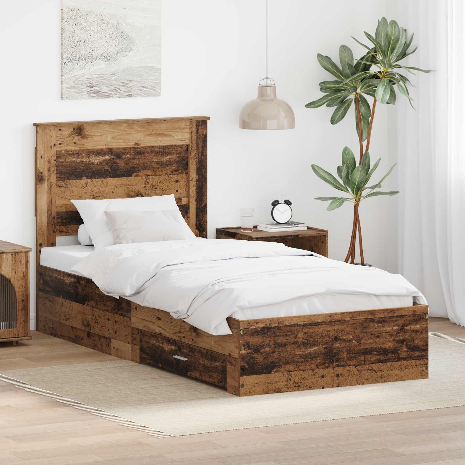vidaXL Sengestel med skuffe Gammelt træ 90 x 190 cm Konstrueret træ