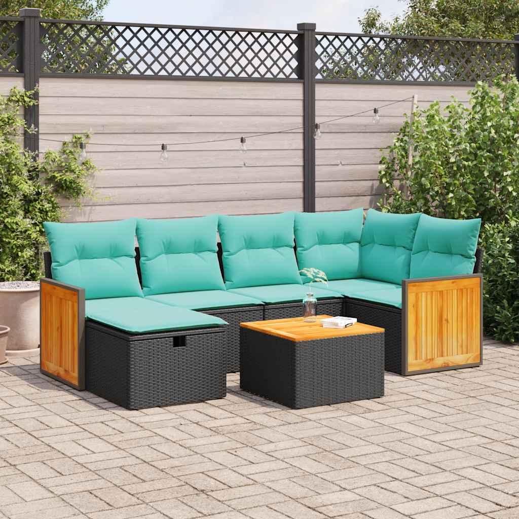 HavesofasÃ¦t i polyrattan - 7 dele med hynder, sort