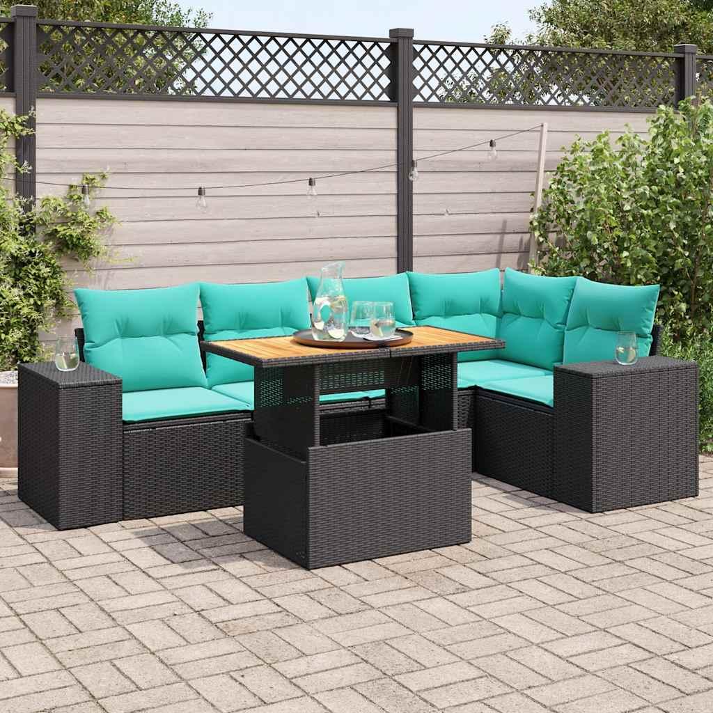 Havesofasæt i polyrattan - 6 dele med hynder, sort