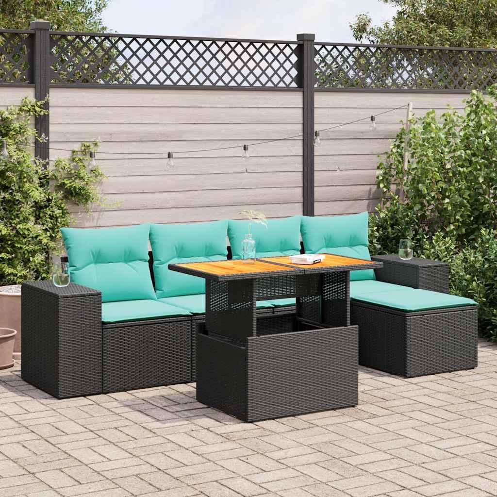 Havesofasæt 6 dele med hynder - polyrattan, sort/blå