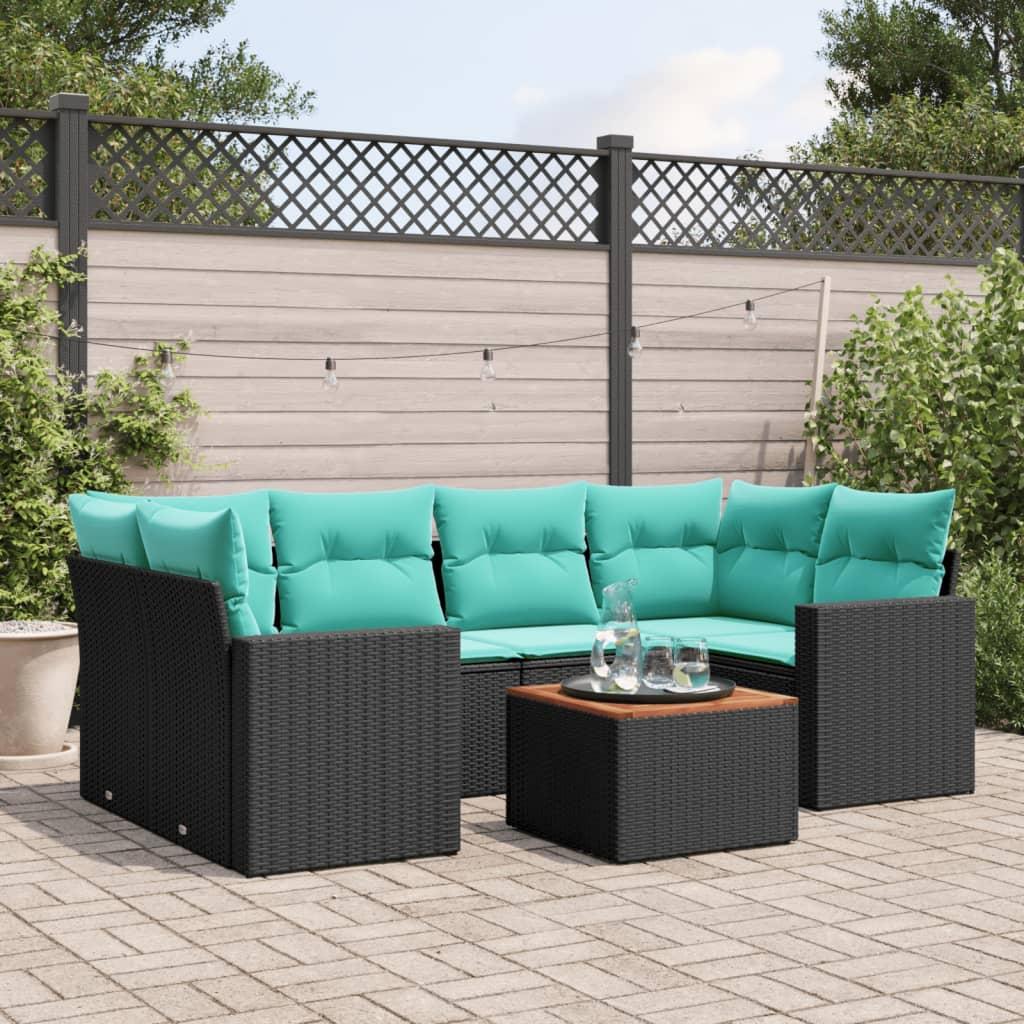 Havesofasæt i polyrattan - 7 dele med hynder, sort/blå