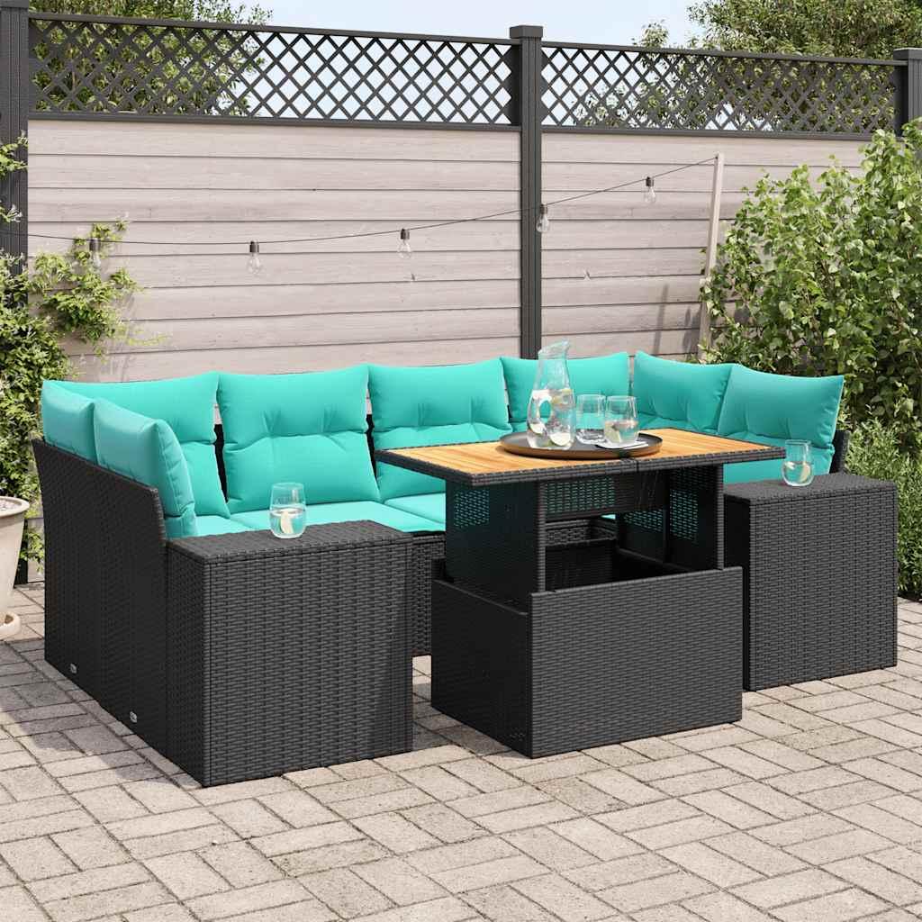 HavesofasÃ¦t i polyrattan - 7 dele med hynder, sort