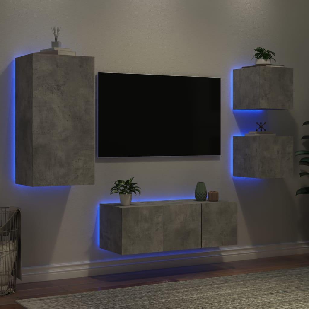 Tv-møbel til væg 5 dele med LED-lys konstrueret træ betongrå