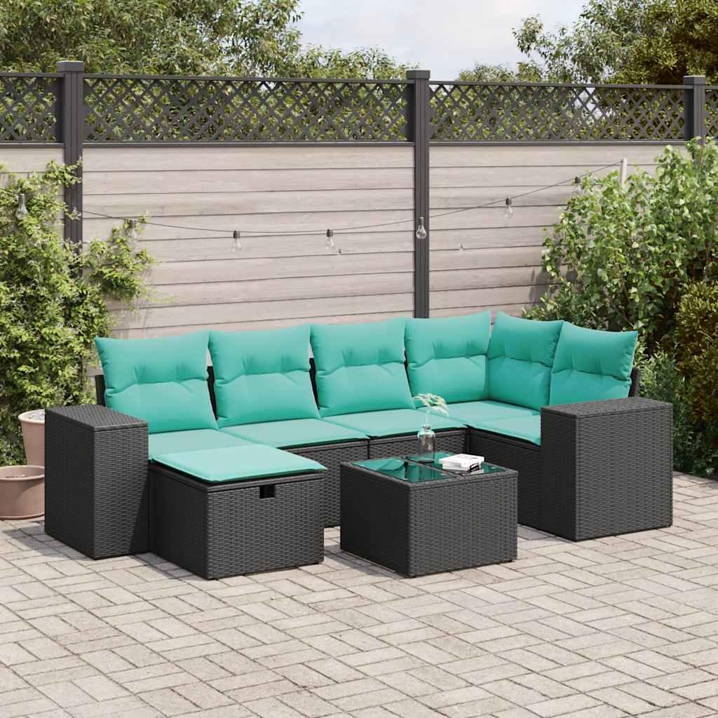 Havesofasæt i polyrattan - 7 dele med hynder, sort/blå