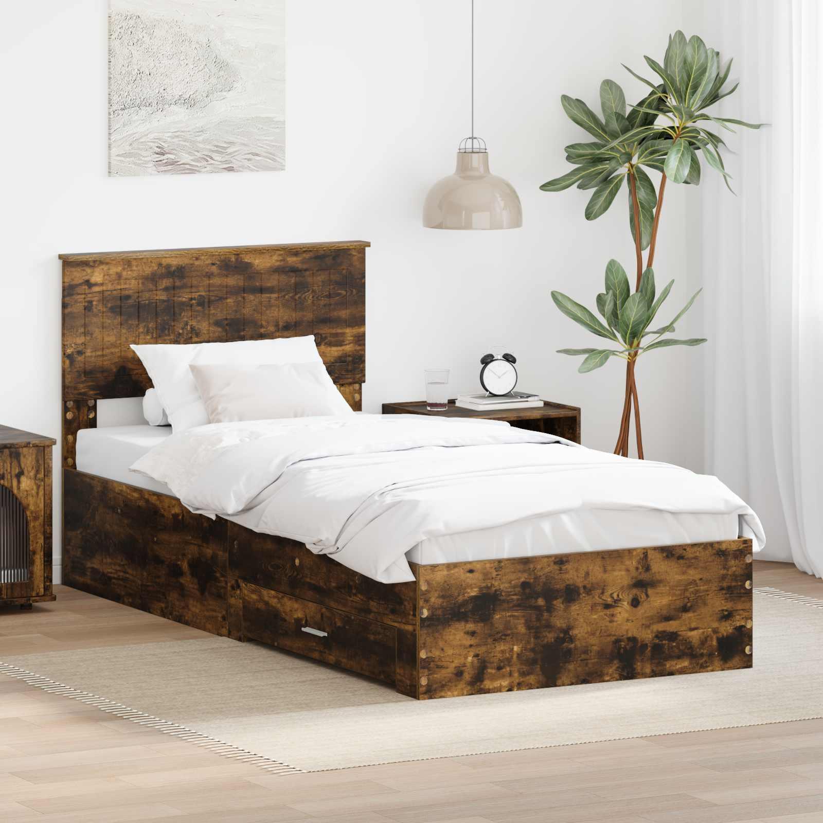Sengestel Med Hovedgærde Konstrueret Træ - Røget eg / 90 x 190 cm