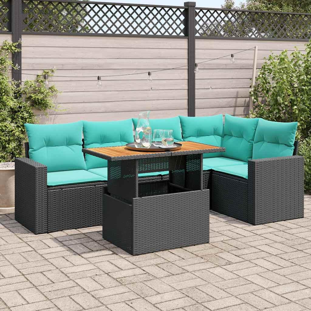 Havesofasæt i polyrattan - 6 dele med opbevaring og justerbart bord, sort/blå