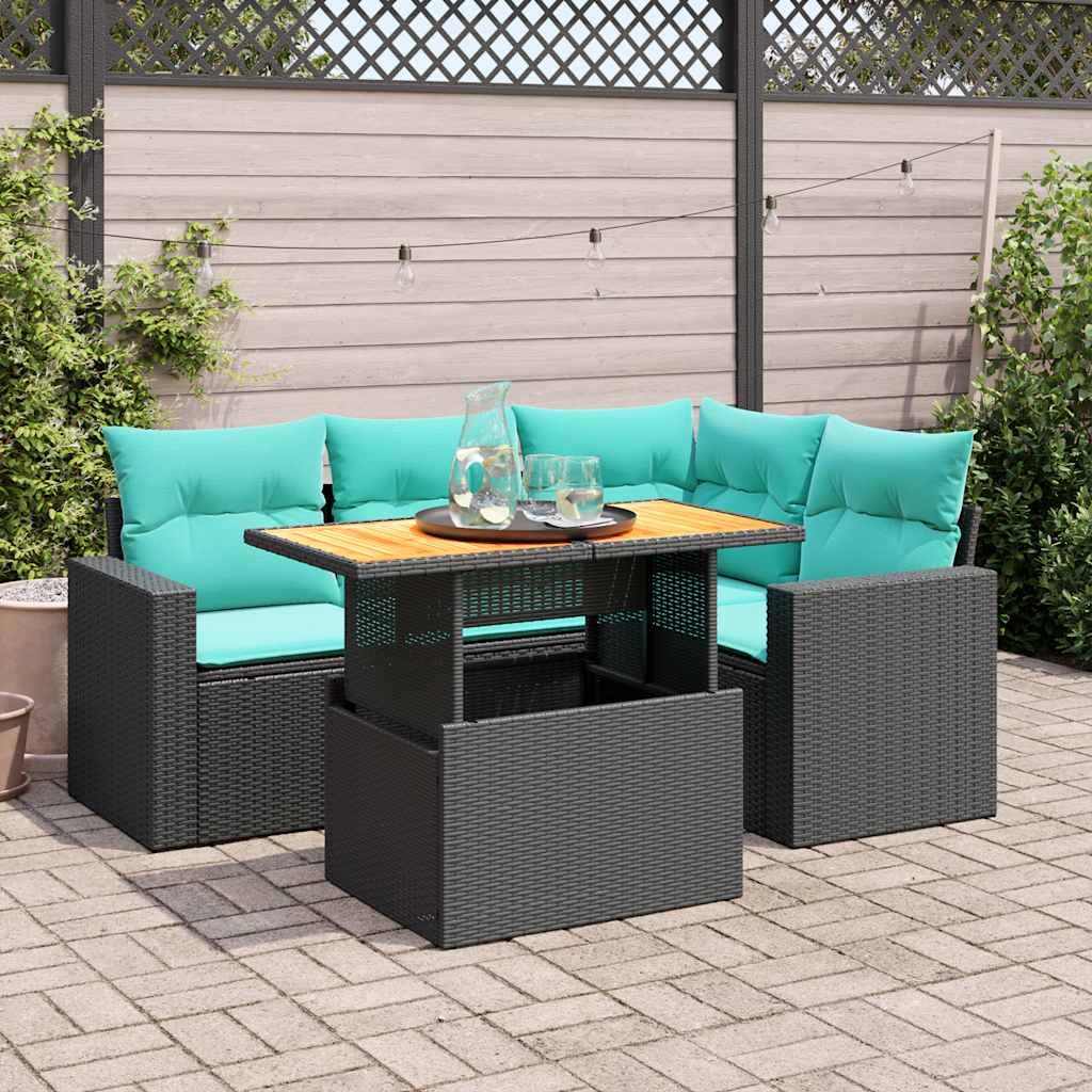 Sofasæt til haven i polyrattan - 5 dele med hynder, sort/blå