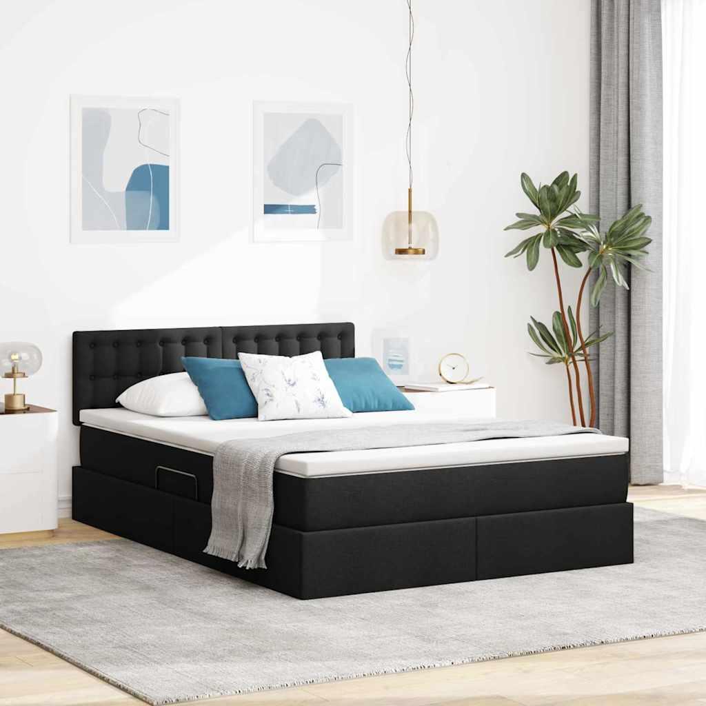 Seng med opbevaring og LED med madras Sort 140 x 190 cm Stof