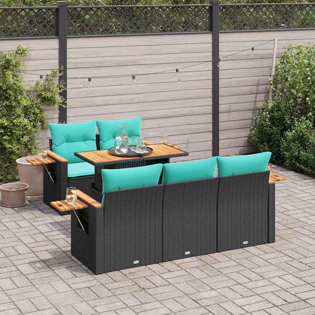 SofasÃ¦t til haven i polyrattan - 6 dele med hynder, sort/blÃ¥
