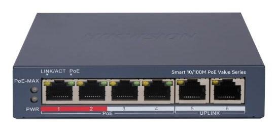 Netværksswitch med PoE – Hikvision DS-3E1106P-EI/M, 6 porte, Gigabit, grå