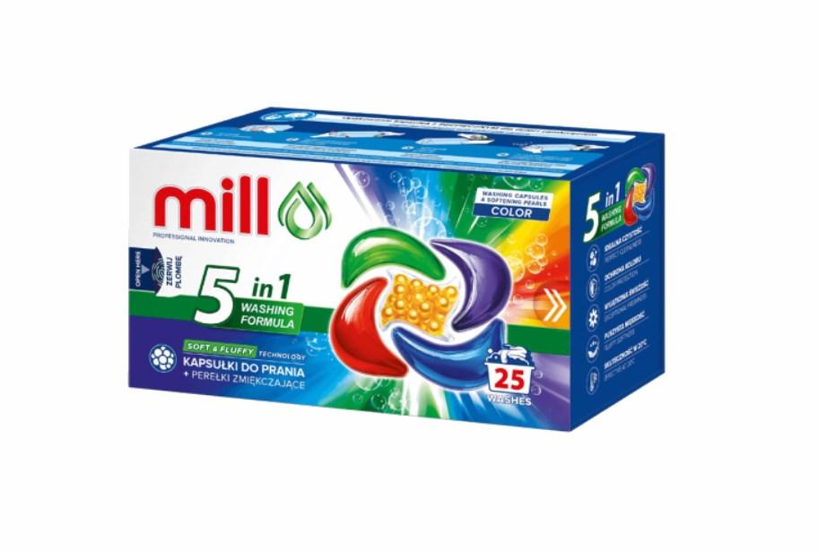 Vaskekapsler til farvet tøj - MADONIS Mill Pro 5 i 1 med blødgørende perler, 25 stk. (bulk 8 pakker)