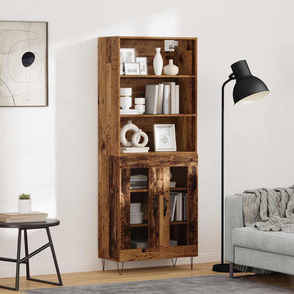 Højskab 69,5X34X180 Cm Konstrueret Træ - Gammelt træ / 2 glaslåger