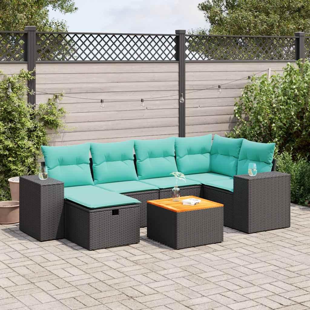 HavesofasÃ¦t i polyrattan - 7 dele med hynder, sort