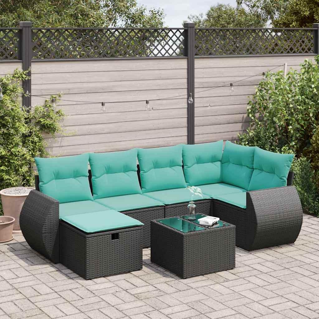 Havesofasæt i polyrattan - 7 dele med hynder, sort/blå