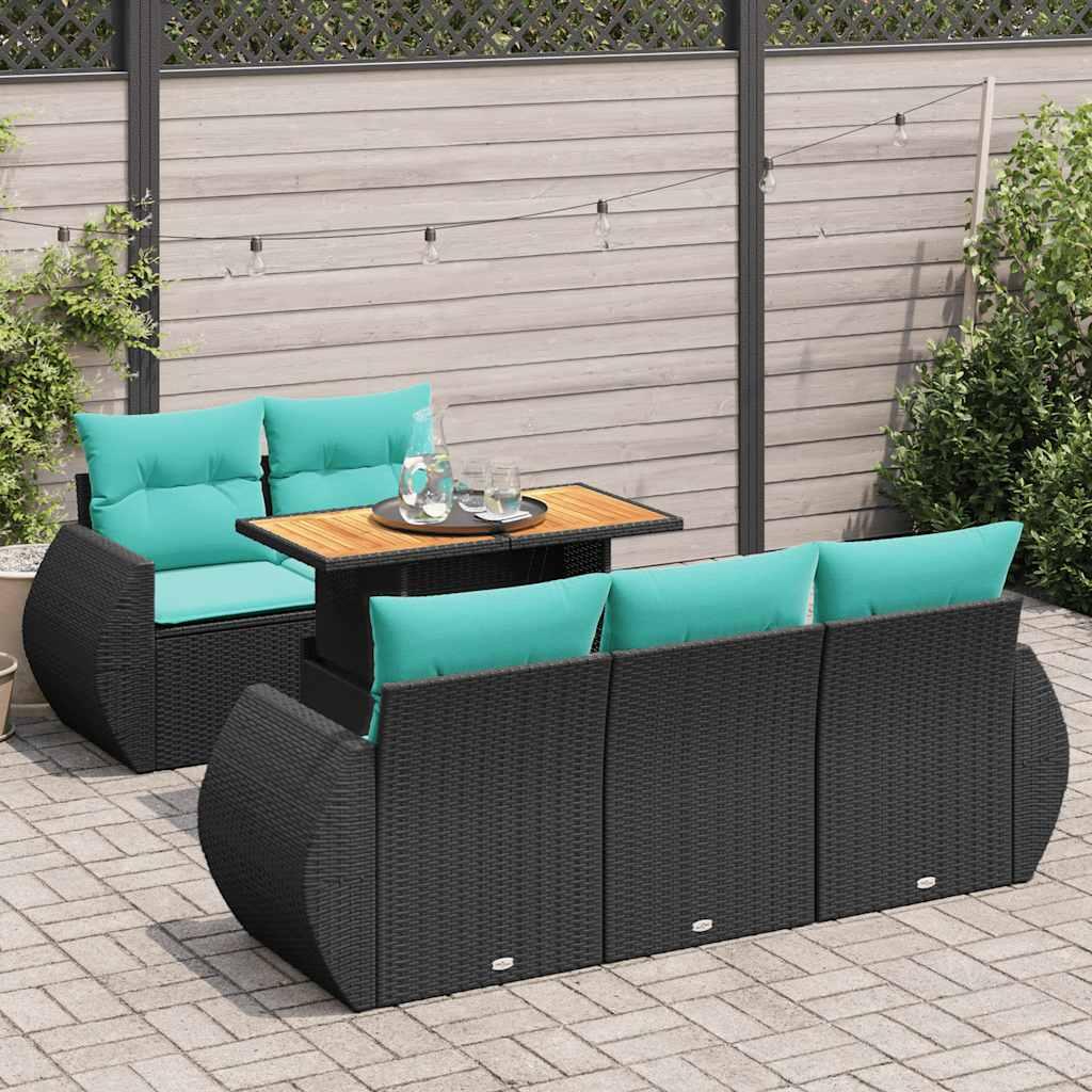Sofasæt til haven i polyrattan - 6 dele med blå hynder, sort