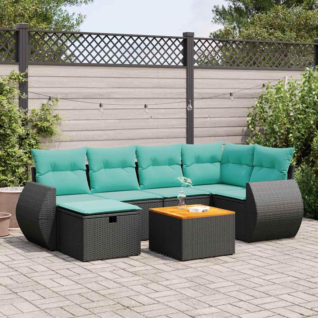 Havesofasæt i polyrattan, 7 dele med hynder - sort/blå