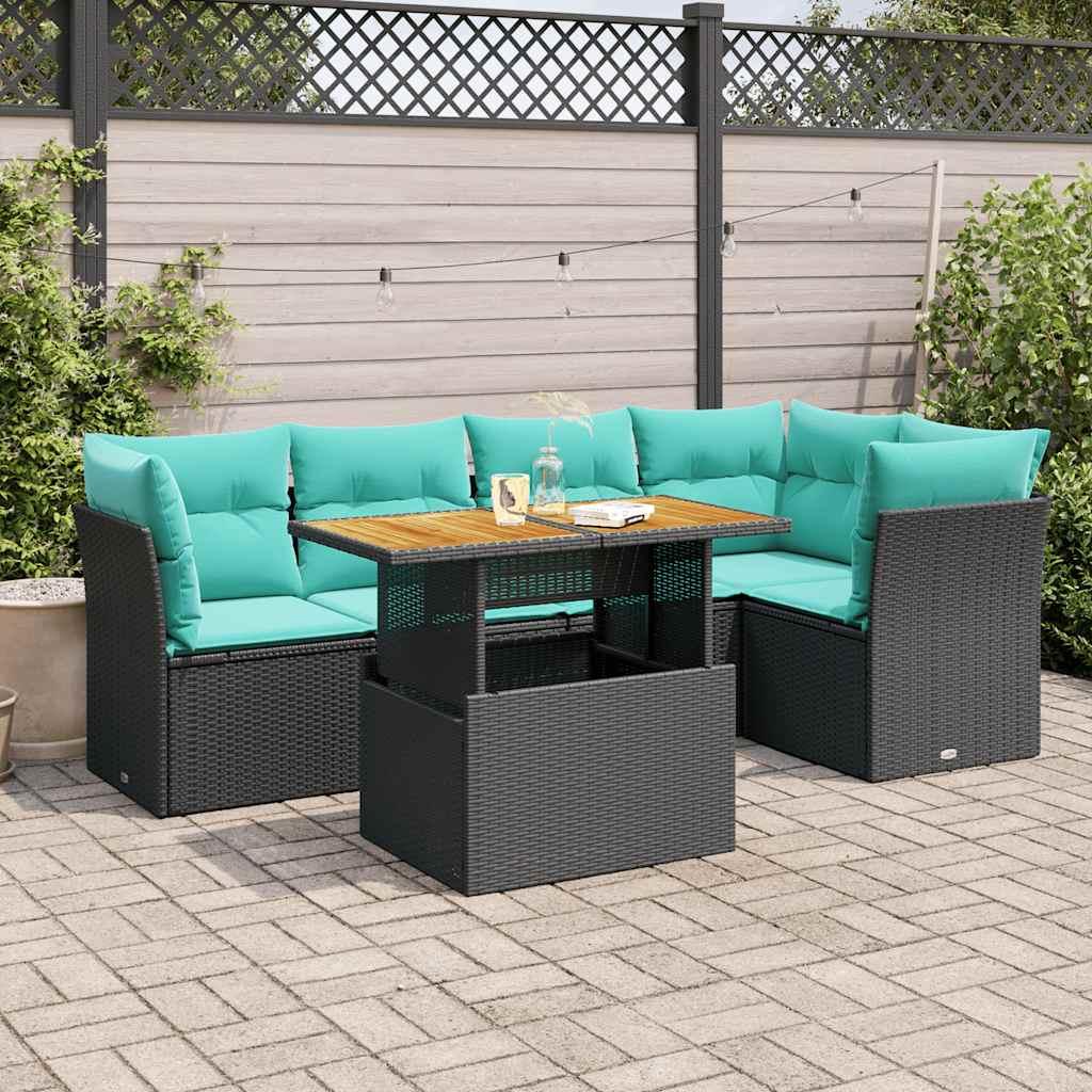 Sofasæt til haven i polyrattan - 6 dele med blå hynder, sort