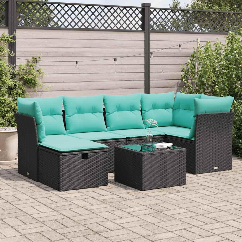 Havesofasæt i polyrattan - 7 dele med hynder, sort/blå