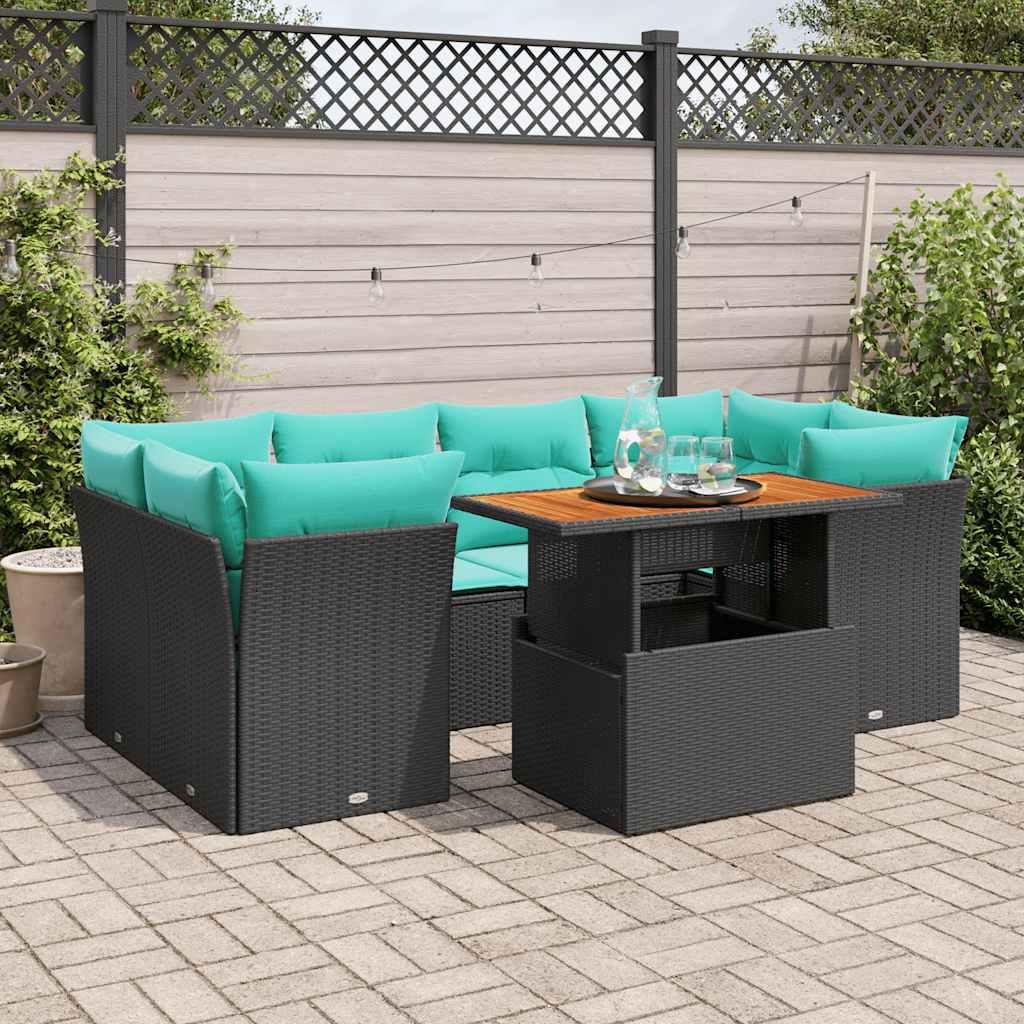 Havesofasæt i polyrattan - 7 dele med hynder, sort/blå