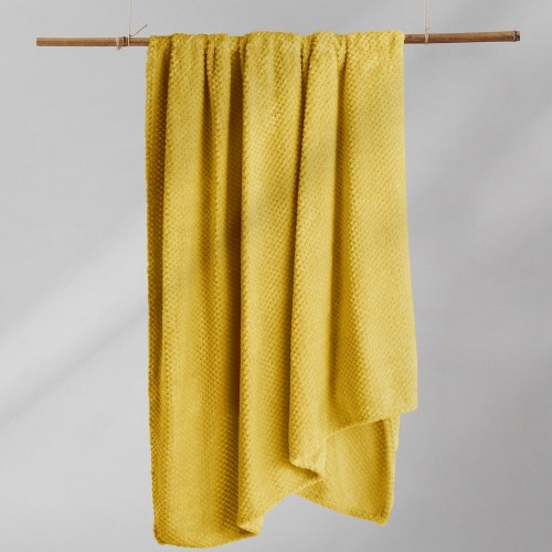 Plaid DecoKing HENRY - sennepsgul, jacquardpræget, 170×210 cm