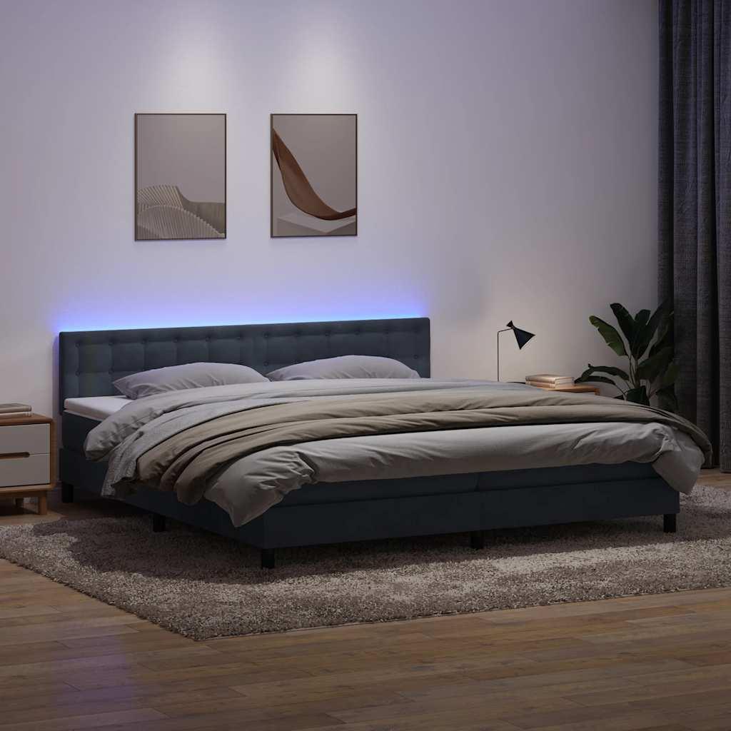 Kontinentalseng med madras og LED-lys 180x220 cm fløjl mørkegrå